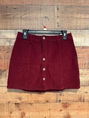 Button-Front Mini Skirt in Deep Burgundy